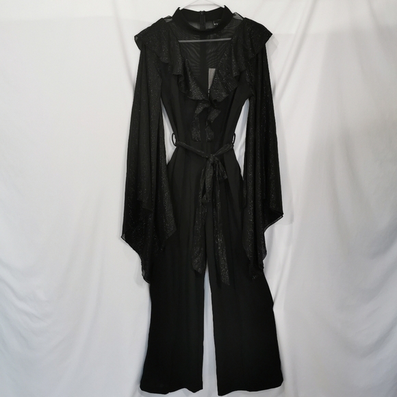 NWT Cien Black Metallic Ruffle Wide-Leg Jumpsuit Mesh Yoke Angel Sleeves Size L - Picture 2 of 11